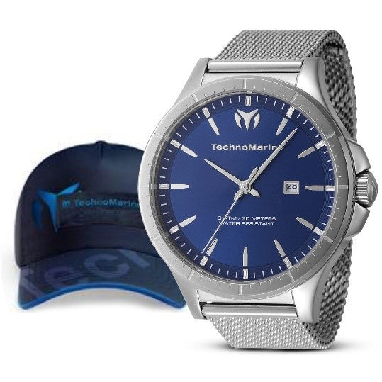 TechnoMarine MoonSun Men's Bundle - 45mm, Steel with Technomarine Baseball Men's Hat - Black, Blue