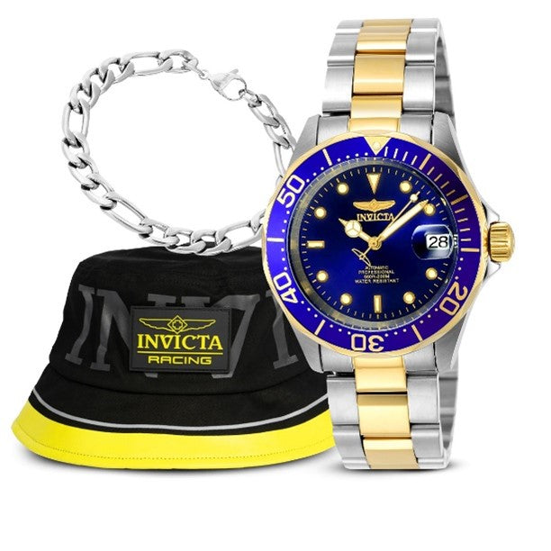 Invicta Pro Diver Automatic Men's Bundle - 40mm, Gold, Steel with Invicta Men's Figaro Chain Bracelet, Silver Invicta Lifestyle Bucket Men's Hat, Black