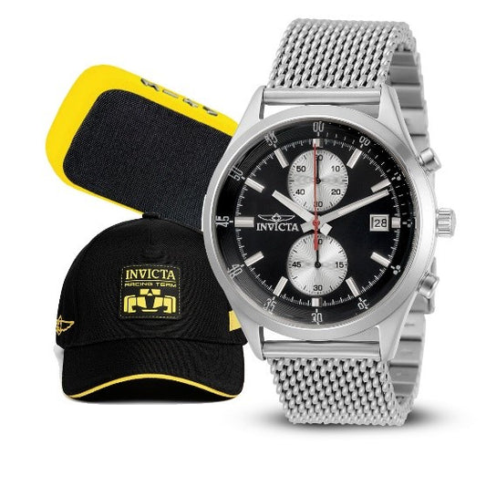 Invicta Pro Diver Men's Watch Bundle - 43mm, Steel with Gear Racing Team Men's Hat, Black & Portable Bluetooth Wireless Speaker