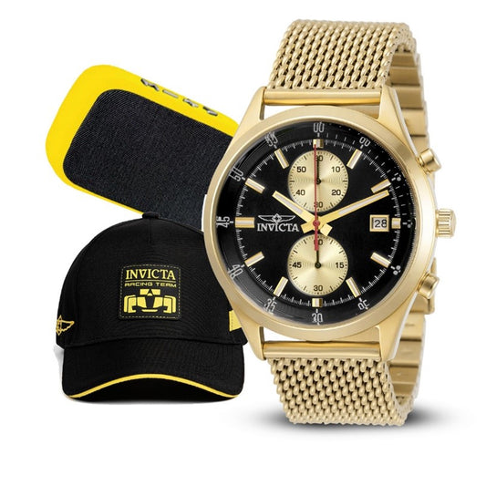 Invicta Pro Diver Men's Watch Bundle - 43mm, Gold with Gear Racing Team Men's Hat, Black & Portable Bluetooth Wireless Speaker