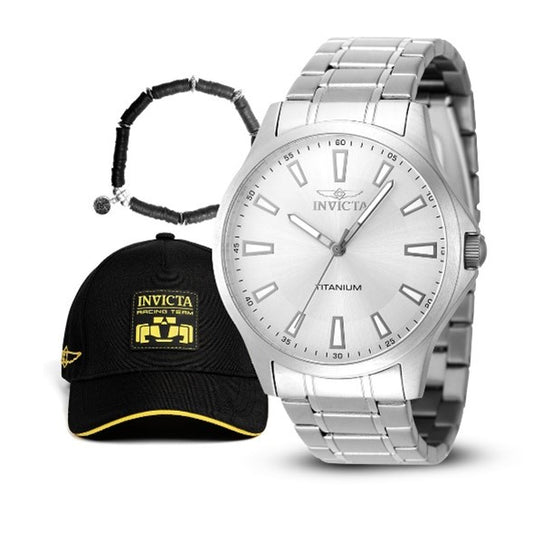 Invicta TI-22 Men's Watch Bundle - 43mm, Titanium with Gear Racing Team Men's Hat, Black & Elements Men's Rubber Bracelet, Black