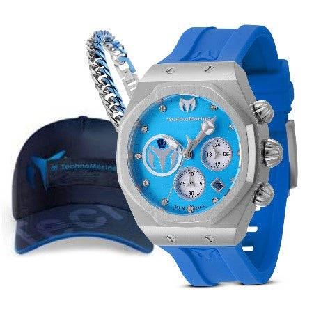 TechnoMarine Reef Sun Unisex Watch Bundle - 40mm, Sky Blue with Baseball Men's Hat & Invicta Elements Men's Bracelet
