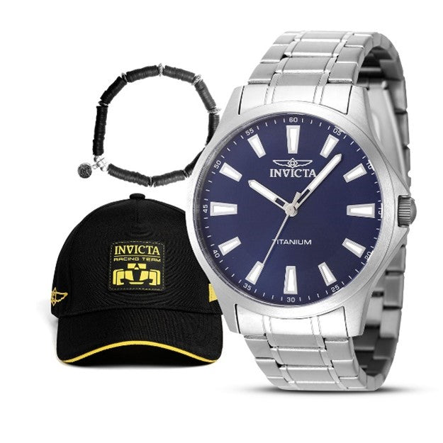 Invicta TI-22 Men's Bundle - 43mm, Titanium with Gear Racing Team Men's Hat, Black & Elements Men's Rubber Bracelet, Black