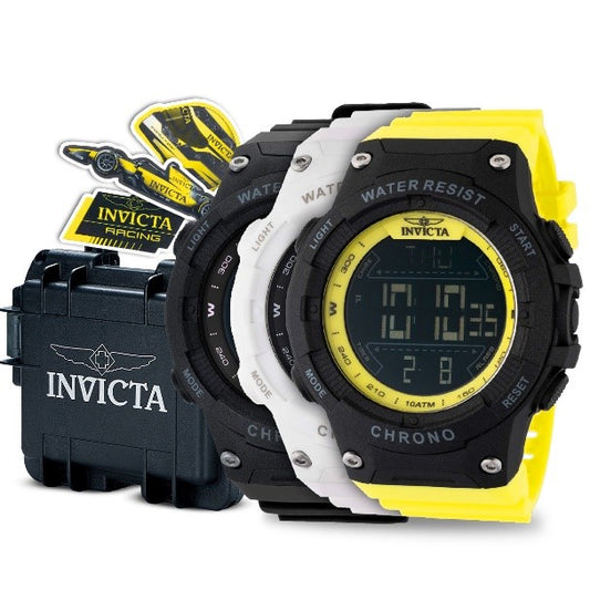 Invicta Racing Digital Men's Triple Watch Bundle - 52mm, Black with Invicta Racing Stickers, 3-Slot Dive Impact Watch Case, Black
