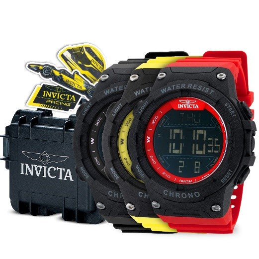 Invicta Racing Digital Men's Triple Watch Bundle - 52mm, Black with Invicta Racing Stickers, 3-Slot Dive Impact Watch Case, Black