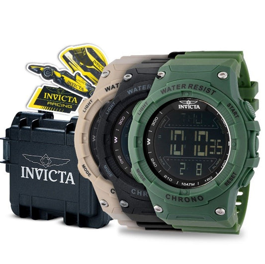 Invicta Racing Digital Men's Triple Watch Bundle - 52mm, Black with Invicta Racing Stickers, 3-Slot Dive Impact Watch Case, Black