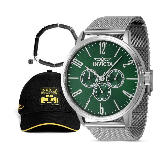 Invicta Specialty Men's Watch Bundle - 44mm, Steel with Gear Racing Team Men's Hat, Black & Elements Men's Rubber Bracelet, Black
