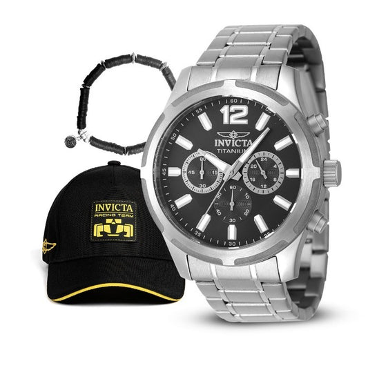 Invicta TI-22 Men's Watch Bundle - 44.5mm, Titanium with Gear Racing Team Men's Hat, Black & Elements Men's Rubber Bracelet, Black