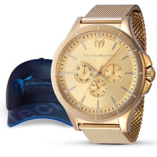 TechnoMarine MoonSun Men's Bundle - 45mm, Gold with Technomarine Baseball Men's Hat - Black, Blue