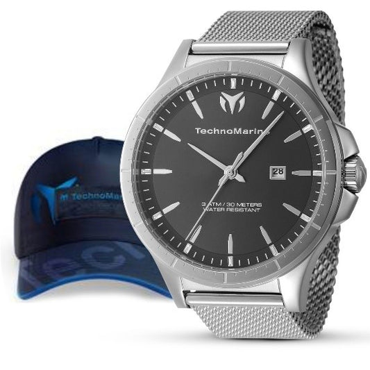 TechnoMarine MoonSun Men's Bundle - 45mm, Steel with Technomarine Baseball Men's Hat - Black, Blue