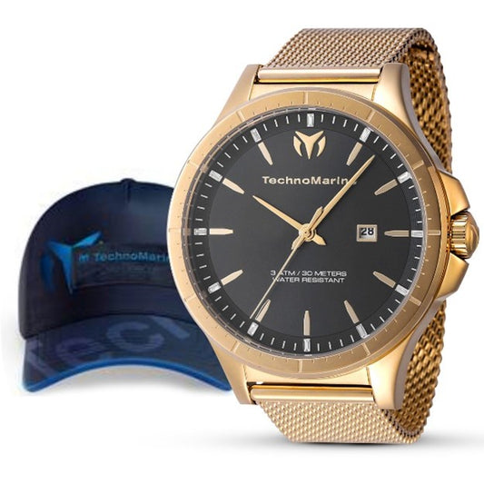 TechnoMarine MoonSun Men's Bundle - 45mm, Gold with Technomarine Baseball Men's Hat - Black, Blue