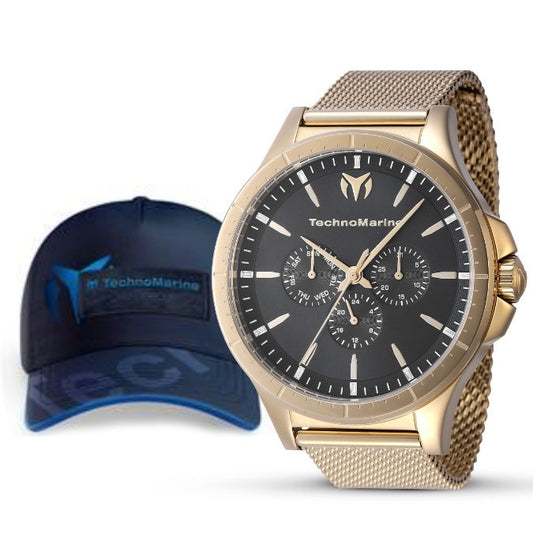 TechnoMarine MoonSun Men's Bundle - 45mm, Gold with Technomarine Baseball Men's Hat - Black, Blue