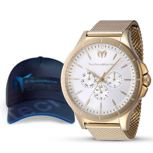 TechnoMarine MoonSun Men's Bundle - 45mm, Gold with Technomarine Baseball Men's Hat - Black, Blue