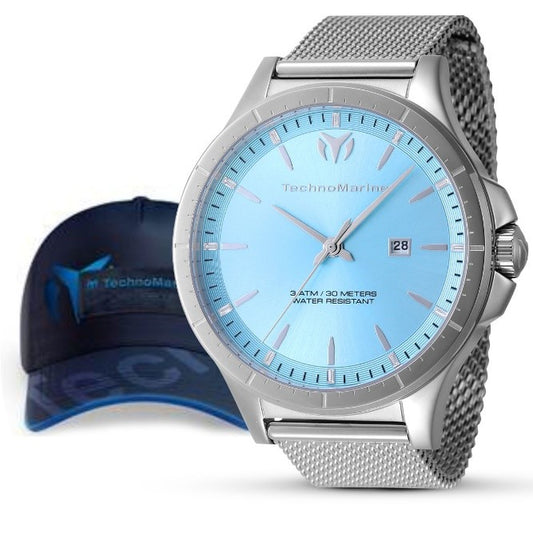 TechnoMarine MoonSun Men's Bundle - 45mm, Steel with Technomarine Baseball Men's Hat - Black, Blue